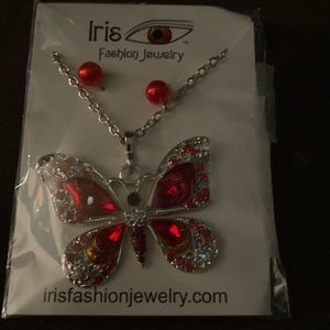 Beautiful red butterfly necklace with matching earrings